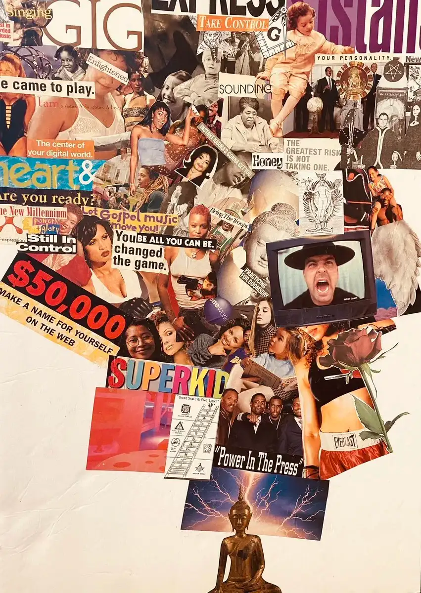 Collage of cut-out figures on a white ground, including “Superkid” and “Power in the press.”