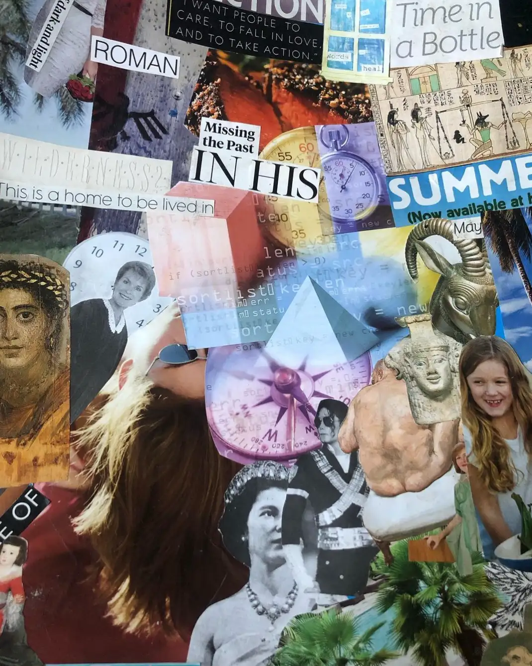 Collage with a compass, a pyramid, clock faces and ancient Egyptian imagery, with the phrases “Time in a bottle” and “Roman.”