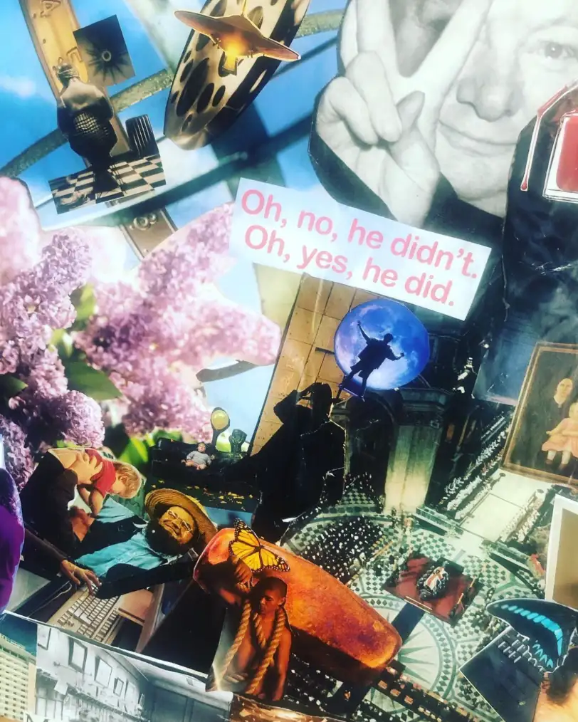 Collage with cherry blossoms, a city, a spotlit figure and the words “Oh, no, he didn’t. Oh, yes, he did.”