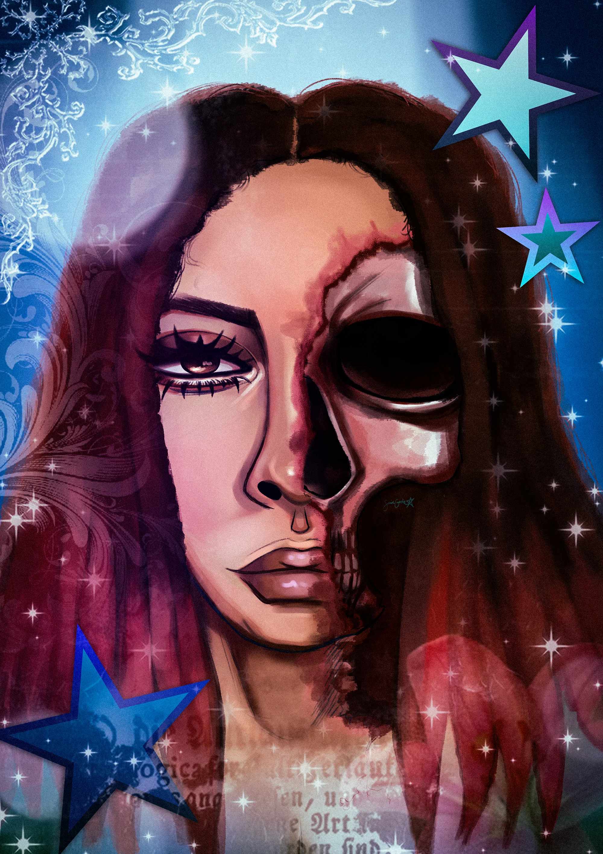Illustration of a woman’s face, half living and half skull, framed by long dark red hair under a painted night sky of stars.